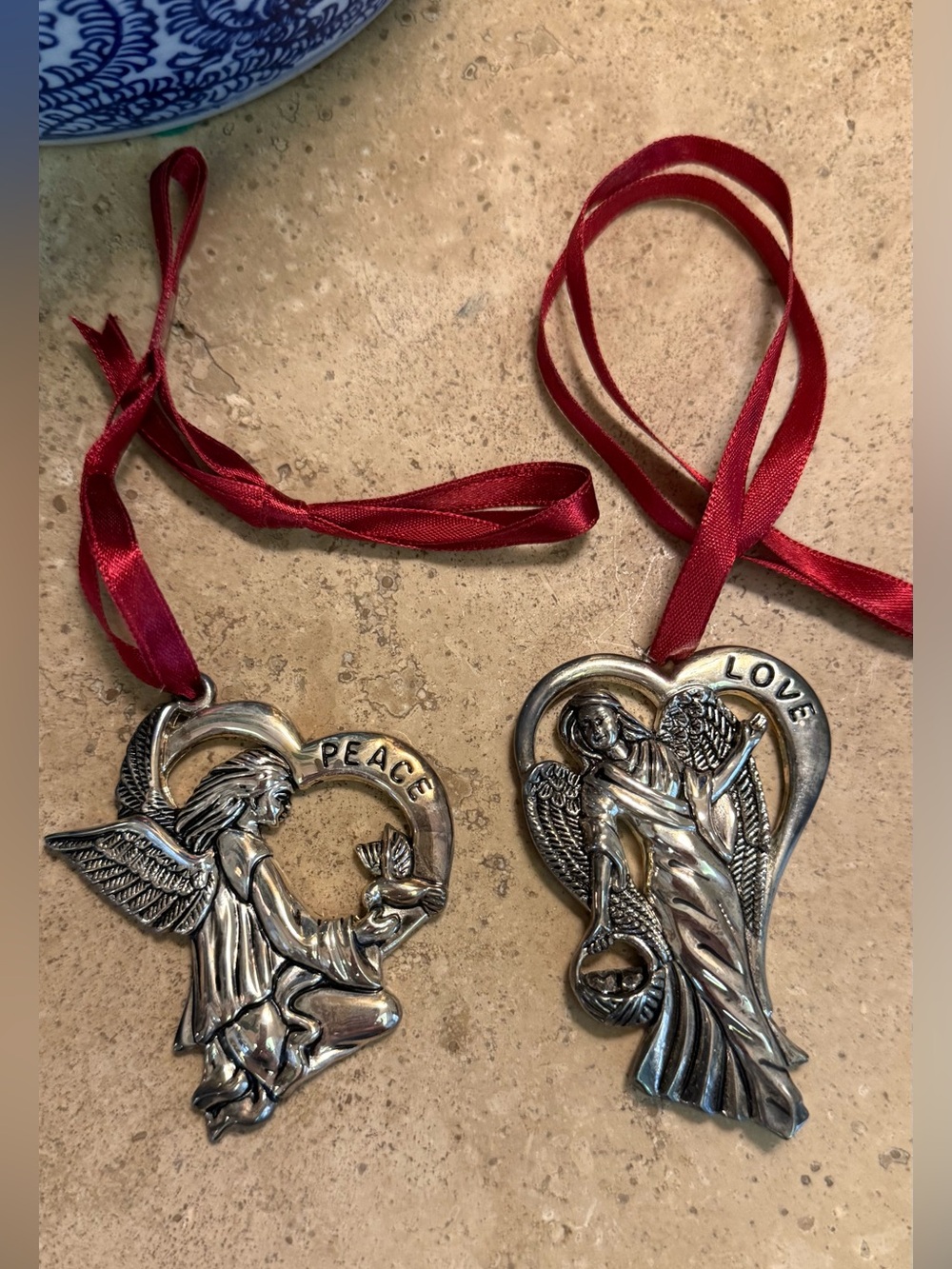 Vintage Gorham Silver Plated Angel Heart Ornaments - Set of 2 (Peace & Love)